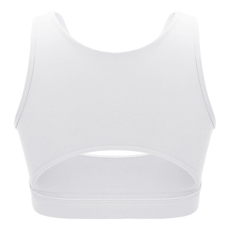 Back view of a white athletic women's sports bra ideal for yoga, with breathable fabric and a cutout design for comfort.
